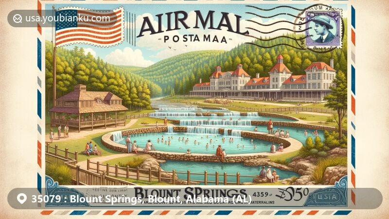 Modern illustration of Blount Springs, Blount County, Alabama, featuring mineral springs and early 20th-century visitors, set in a vintage postcard design with lush forested hills in the background.