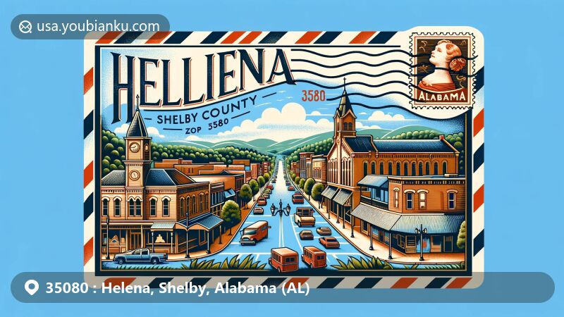 Modern illustration of Helena, Shelby County, Alabama, showcasing postal theme with ZIP code 35080, featuring Old Town Helena and Alabama state flag.