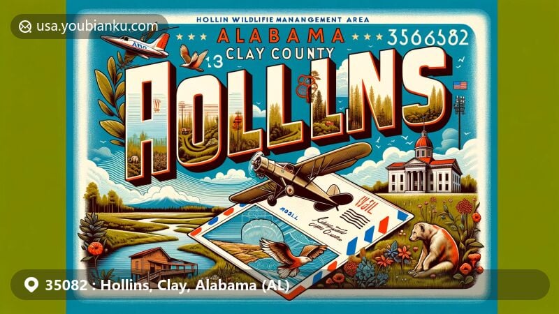 Modern illustration of Hollins, Clay County, Alabama, featuring a vintage-style air mail envelope with ZIP code 35082, showcasing the Hollins Wildlife Management Area and Clay County Courthouse.