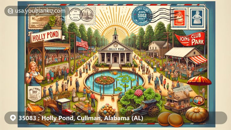 Modern illustration of Holly Pond, Cullman County, Alabama, featuring Founders Day celebration at Lions Club Park with produce show, baked goods contest, traditional games, and parade, incorporating holly trees, ponds, antique arch from Holly Pond Cemetery, postal elements like ZIP code 35083, stamps, and postmarks.