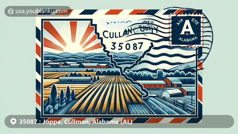 Modern illustration of Joppa, Cullman County, Alabama, featuring a postal theme with ZIP code 35087, integrating Cullman County outline in the background, and symbolic elements of Alabama. The design includes a postcard or air mail envelope with rural and serene imagery of Joppa.