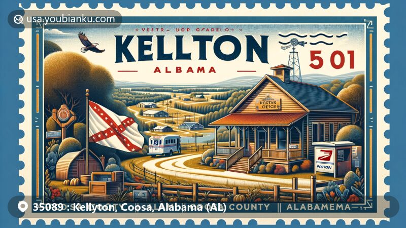 Modern illustration of Kellyton, Coosa County, Alabama, highlighting the local post office landmark and state flag, with subtle references to the natural beauty and rural landscape of the Southeastern United States, reflecting the area's diverse community and blend of urban and rural lifestyles.