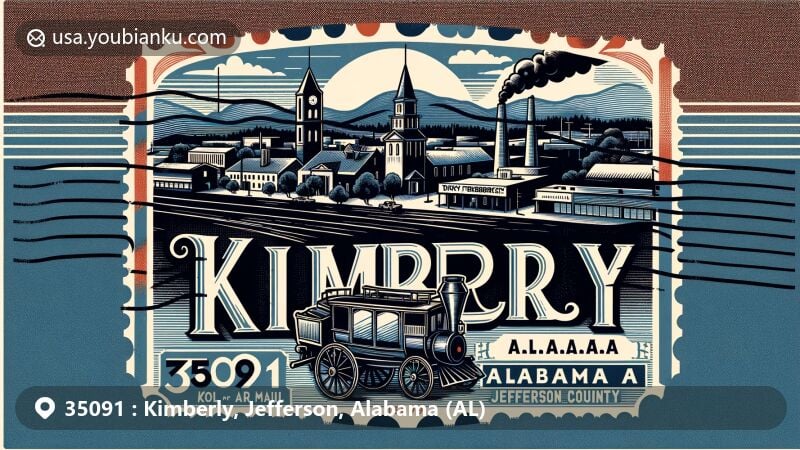 Vintage-style air mail envelope illustration for ZIP code 35091 Kimberly, Jefferson, Alabama, featuring cityscape, postal mark '35091 Kimberly, AL,' and regional elements like stylized stagecoach, coal mining, and Dixie Firebrick Company symbols.