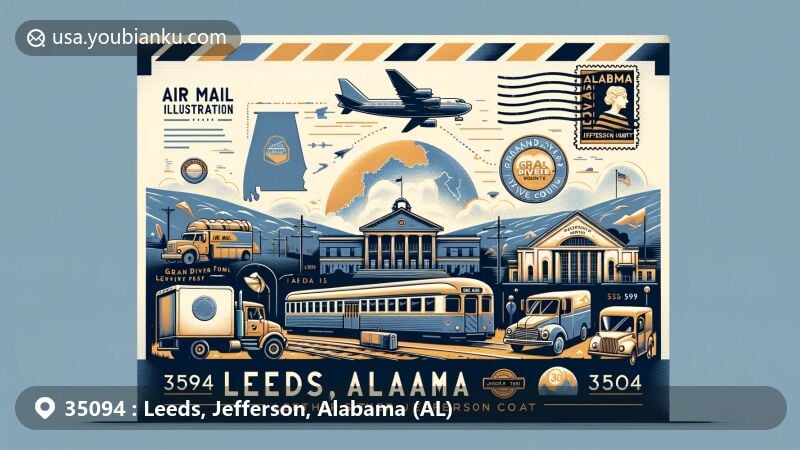 Creative depiction of Leeds, Alabama, in Jefferson County, with ZIP code 35094, featuring Leeds Railroad Depot, Alabama state silhouette, Grand River Drive-In Theatre, and mail-related symbols on an air mail envelope canvas.