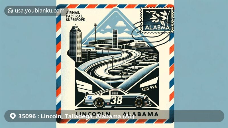 Modern illustration of Talladega Superspeedway and NASCAR race car on airmail envelope, symbolizing Lincoln, Alabama's racing culture with state flag and ZIP code 35096.