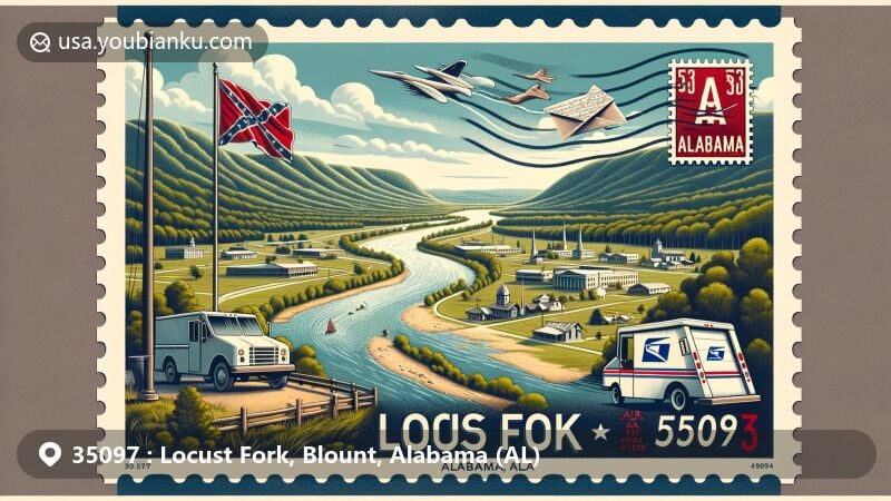 Modern illustration of Locust Fork, Alabama, showcasing postal theme with ZIP code 35097, featuring the scenic Locust Fork River, Appalachian landscapes, and the Alabama state flag.
