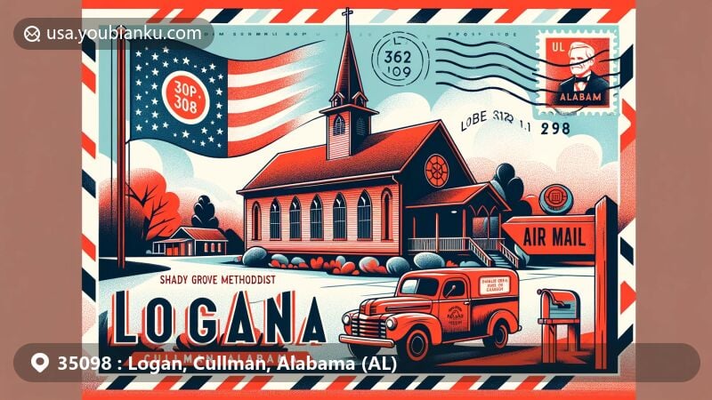 Modern illustration of Logan, Cullman, Alabama (AL) showcasing postal theme with ZIP code 35098, featuring Shady Grove Methodist Church and Alabama state flag.
