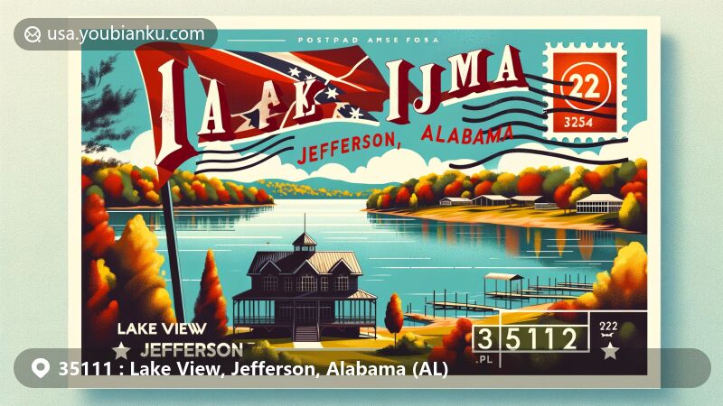 Modern illustration of Lake View area, Jefferson County, Alabama, with serene lakeside of Ski Lake and silhouette of Tannehill Ironworks Historic State Park, featuring Alabama state flag, stamps, and postmark, integrating natural beauty and historical significance.