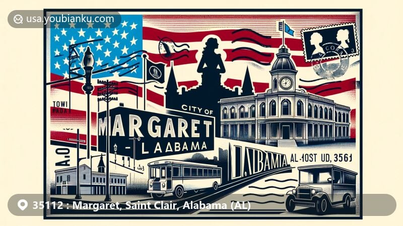Creative illustration of Margaret, Alabama, combining historical and postal themes, featuring silhouette of city against Alabama flag, postcard outline, stamps, postmark with ZIP Code 35112, and symbolic elements like Margaret Garner silhouette and postal vehicle.