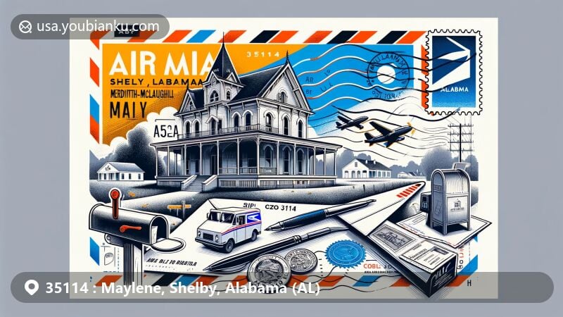 Modern illustration of Maylene, Shelby, Alabama, showcasing postal theme with ZIP code 35114, featuring Meredith-McLaughlin House and Alabama state flag.