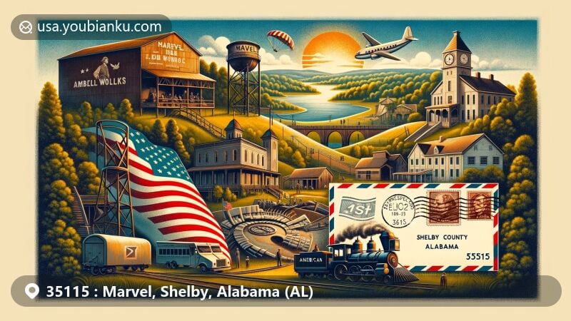 Modern illustration of Marvel, Shelby County, Alabama, with Shelby Iron Works, American Village in Montevallo, and postal theme elements like air mail envelope and postmark with ZIP code 35115, integrating Alabama state flag and natural beauty of Lay Lake and Waxahatchee Creek.