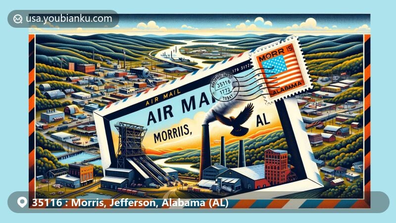 Modern illustration of Morris, AL showcasing unique airmail envelope with '35116' ZIP code, featuring local landmarks and Alabama countryside, reflecting coal mining history or rural beauty. Detailed design includes American flag themed stamp with Morris symbol and postmark.