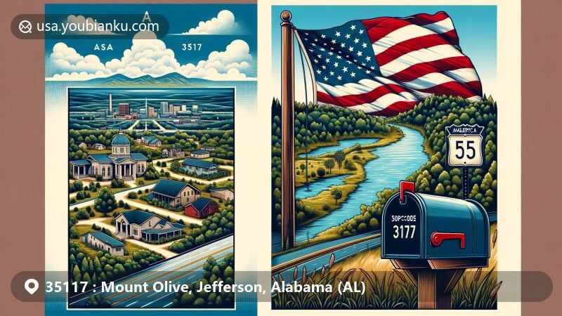 Modern illustration of Mount Olive, Jefferson County, Alabama, representing postal code 35117, featuring Alabama state flag, American mailbox with '35117' zipcode letters, Mount Olive's landscape, Interstate 65, and Jefferson County border, capturing the suburb's charm and strategic location.