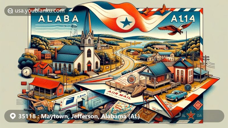 Modern illustration of Maytown, Alabama, featuring a creative air mail envelope with Baptist church symbol, Jefferson County map, Alabama state flag, postal stamps, and 'Maytown, AL 35118' postmark.