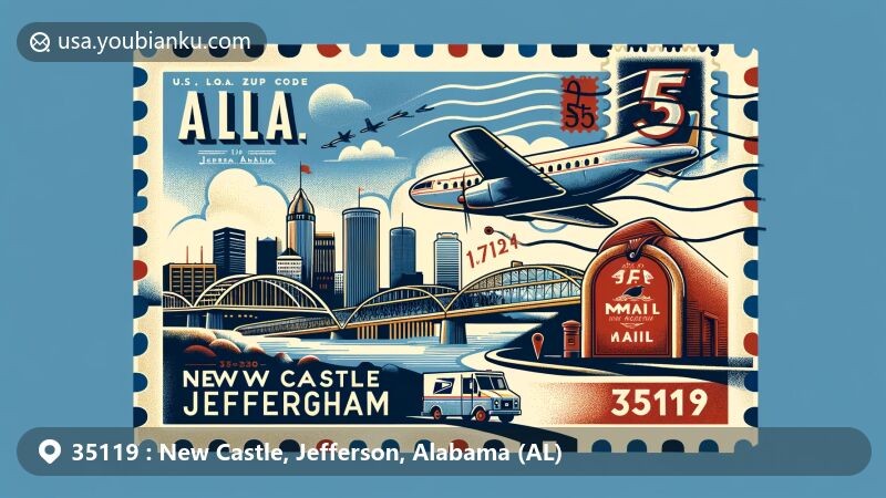 Contemporary illustration of New Castle, Jefferson County, Alabama, combining the iconic Birmingham skyline with postal elements like vintage air mail envelope, mailbox, and postal truck, showcasing ZIP code 35119 and highlighting New Castle's location on the map.