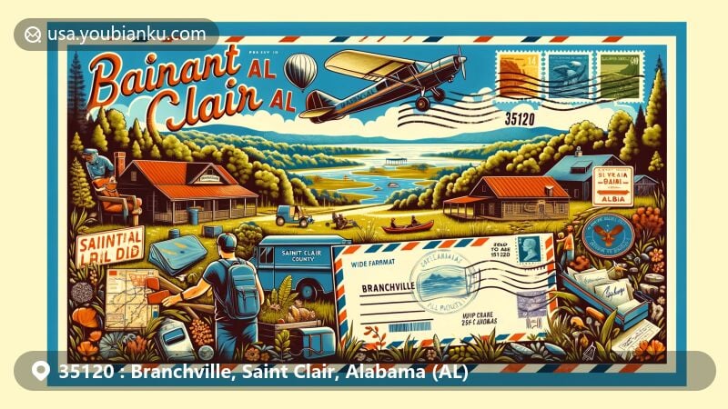 Modern illustration of Branchville, Saint Clair County, Alabama, highlighting the postal theme with ZIP code 35120, showcasing lush nature and historical elements, featuring vintage postal aesthetics and outdoor activities.