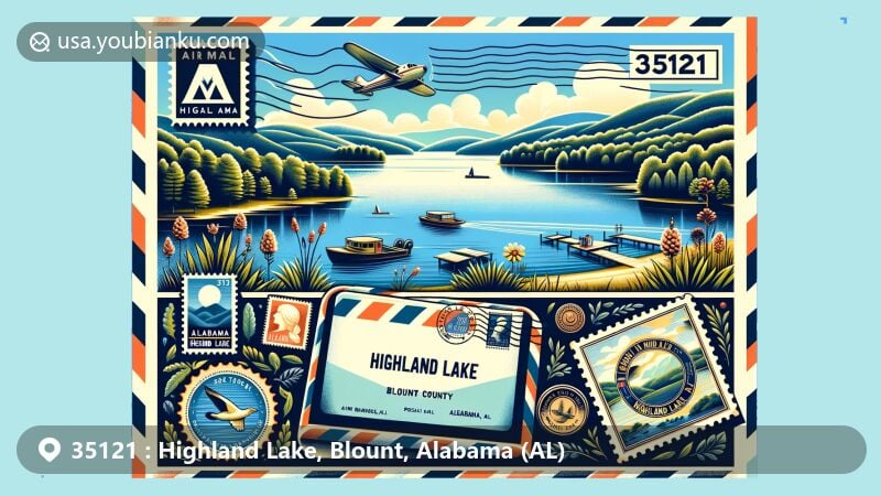 Modern illustration of Highland Lake, Blount County, Alabama, featuring serene lake surrounded by lush greenery of Appalachian foothills, with postal theme including airmail envelope, stamps, postmark '35121 Highland Lake, AL'.