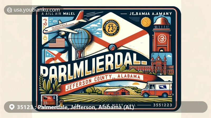 Modern illustration of Palmerdale, Jefferson County, Alabama, with ZIP code 35123, featuring vintage air mail envelope, Alabama state flag, Jefferson County outline, and rural farmland.