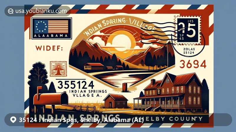 Modern illustration of Indian Springs Village, Shelby County, Alabama, showcasing postal theme with ZIP code 35124, featuring Alabama state flag, Shelby County silhouette, Oak Mountain State Park, and Indian Springs School.