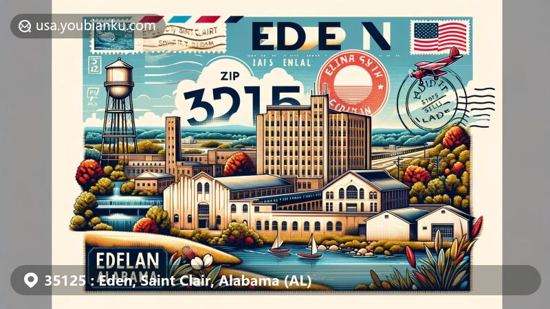 Modern illustration of Eden, Saint Clair County, Alabama, highlighting postal theme with ZIP code 35125, featuring Pell City Cotton Mill, Logan Martin Lake, vintage air mail elements, and Alabama state flag.