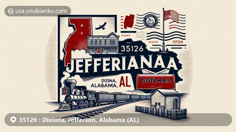 Modern illustration of Dixiana, Jefferson County, Alabama, celebrating ZIP code 35126, depicting the state flag and incorporating elements of the postal theme, including vintage postcards and a red mailbox.