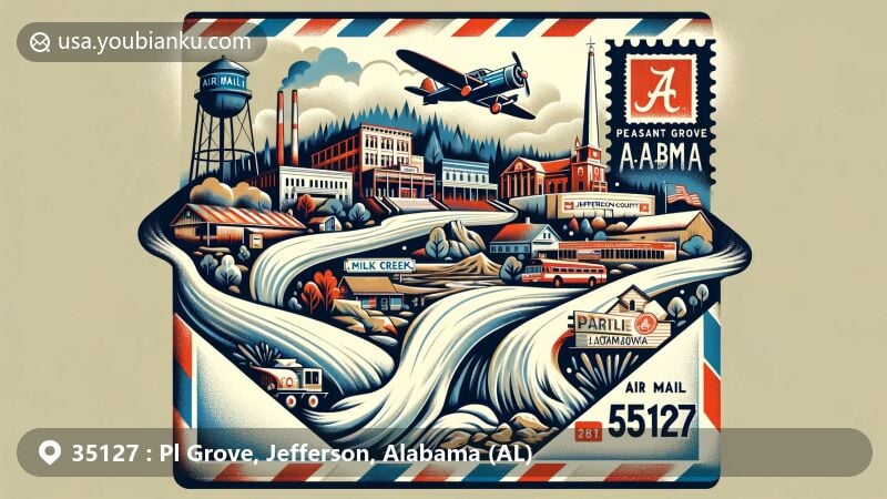 Creative interpretation of Pleasant Grove, Alabama, reflecting postal theme with ZIP code 35127, highlighting Milk Creek, city resilience post-tornadoes, coal mining history, Pleasant Grove High School, Alabama state flag, and Jefferson County outline.