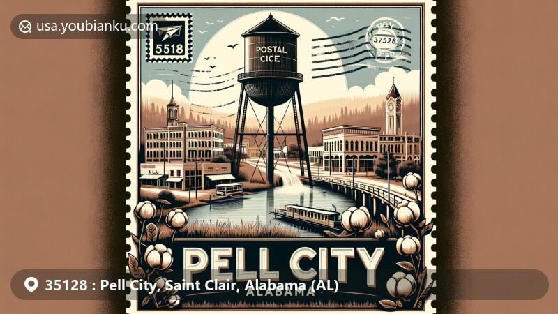 Modern illustration of Pell City, Alabama, highlighting historic downtown district with classic buildings and streets, featuring vintage postcard with ZIP code 35128. Includes symbols like Logan Martin Lake stamp, iconic water tower, cotton, and serene waters, reflecting city's history and natural beauty.