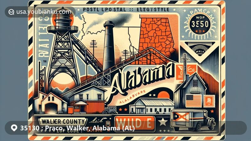 Modern illustration of Praco, Walker, Alabama, showcasing a postcard style design with regional and postal elements, including the outline of Walker County, symbols of Praco's coal mining heritage, Alabama symbols, and postal elements with ZIP code 35130.