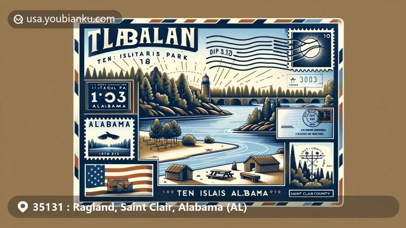 Modern illustration of Ragland, Saint Clair County, Alabama, showcasing natural beauty with Coosa River, trees, and picnic area, along with symbolic elements of Alabama and Ten Islands Historic Park.