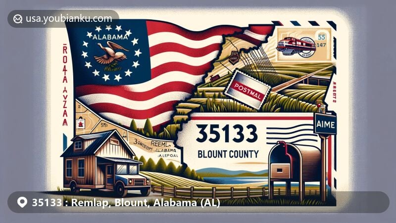 Modern illustration of Remlap, Blount County, Alabama, with postal theme showcasing ZIP code 35133, featuring Alabama flag and stylized representation of Blount County.