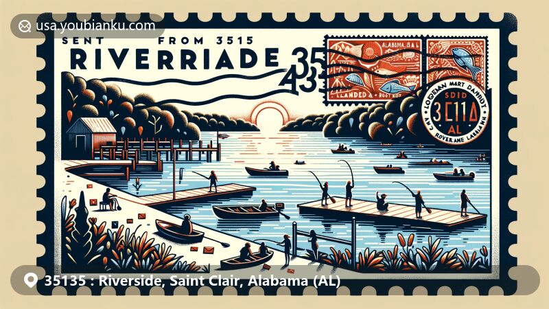 Modern illustration of Riverside, Alabama, showcasing natural beauty and postal theme with ZIP code 35135, featuring Logan Martin Lake, Riverside Landing & Boat Launch, and outdoor activities like boating and fishing.