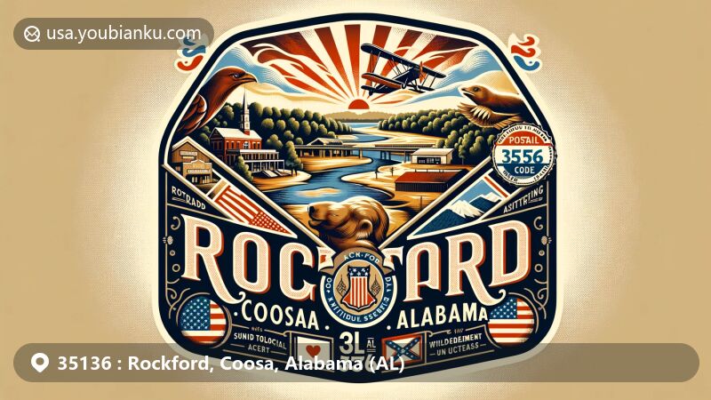 Modern illustration of Rockford, Coosa, Alabama with postal code 35136, featuring Coosa Wildlife Management Area and Coosa County Historical Society symbols.