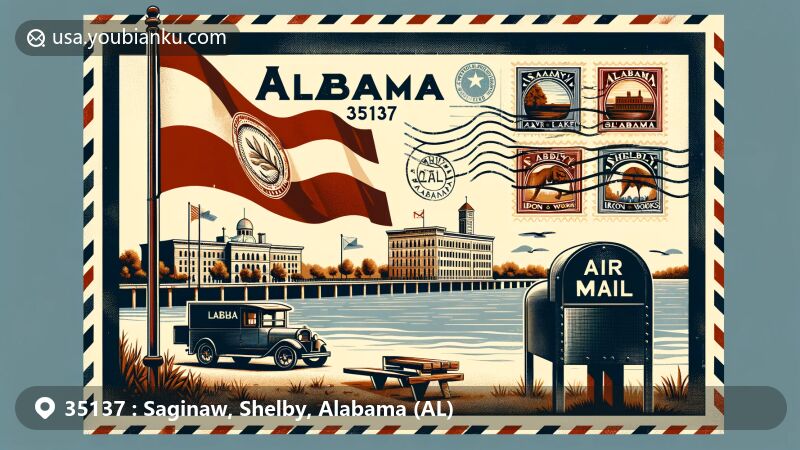 Creative postcard illustration of Saginaw, Shelby County, Alabama (AL), featuring Lay Lake, Shelby Iron Works, and Alabama state flag.