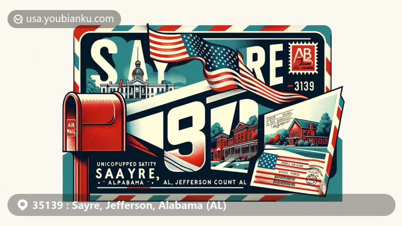 Modern illustration of Sayre, Jefferson County, Alabama, showcasing postal theme with ZIP code 35139, featuring vintage air mail envelope, colorful postcard, Alabama state flag, and classic red mailbox.