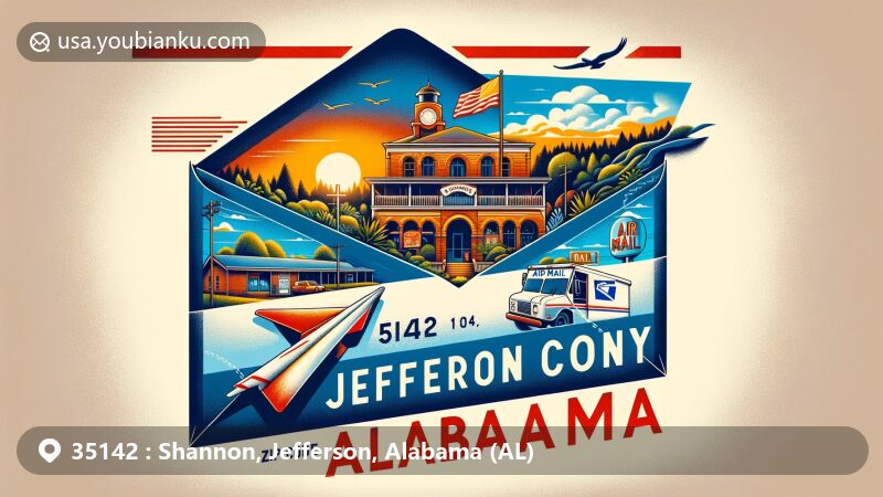 Modern illustration of Shannon, Jefferson County, Alabama, with postal theme showcasing ZIP code 35142, featuring post office and state symbols.