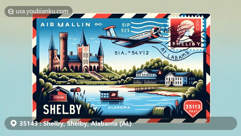 Modern illustration of Shelby, Alabama, showcasing airmail theme with ZIP code 35143, featuring Shelby Iron Park and Sterling Castle amid Lay Lake scenery and Alabama's natural environment.