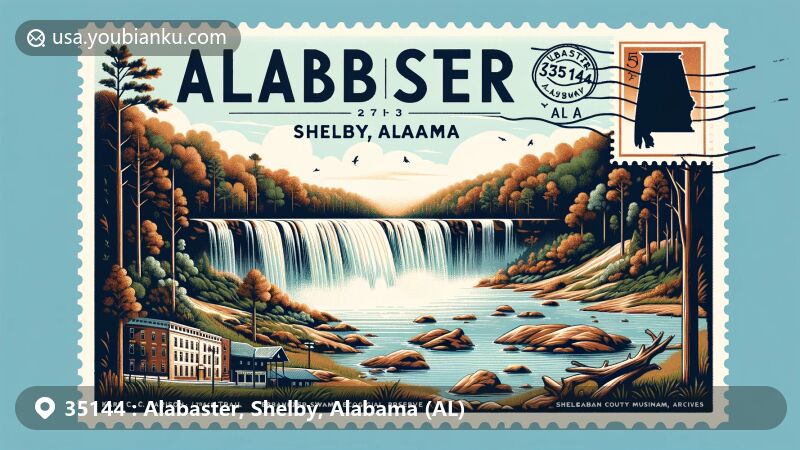 Modern illustration of Alabaster, Shelby County, Alabama, showcasing natural beauty and outdoor activities in ZIP code 35144, featuring waterfalls, wetlands, and Oak Mountain State Park, with a subtle reference to the Karl C. Harrison Museum of George Washington.