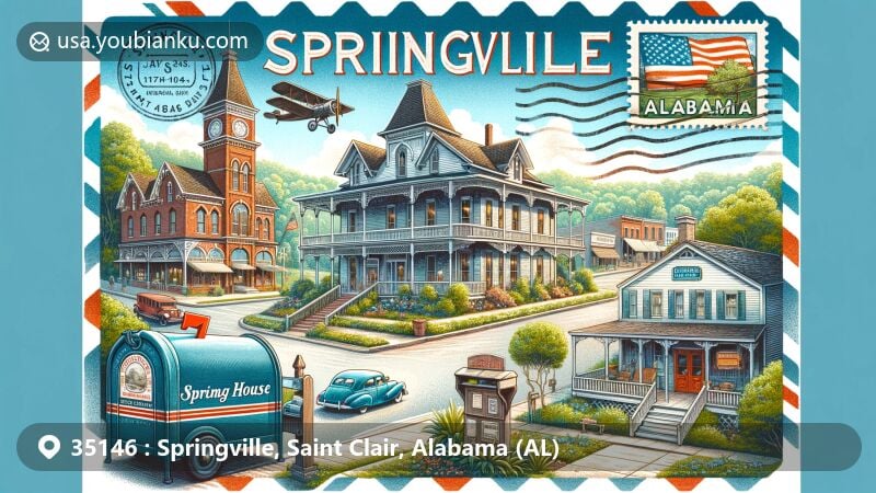 Historic landmarks of Springville, Alabama, including Springville House and Big Springs Park, in a scene capturing the small-town Southern charm with quaint downtown and nostalgic old-fashioned storefronts.