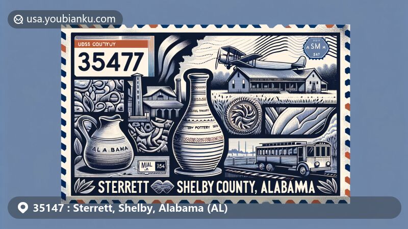 Modern illustration of Sterrett, Shelby County, Alabama, showcasing postal theme with ZIP code 35147, featuring Jugtown pottery, postcard elements, and Alabama state flag.