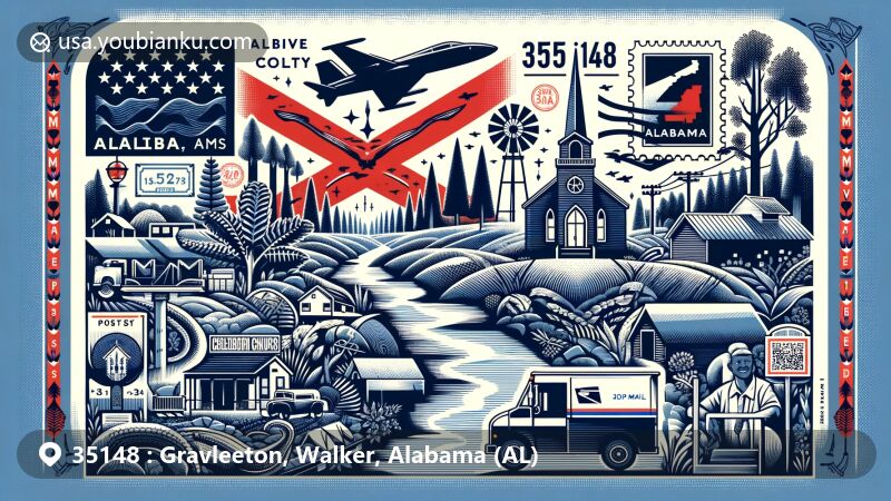 Modern illustration of Gravleeton, Walker County, Alabama, featuring natural beauty and postal elements, with Alabama state flag subtly integrated.