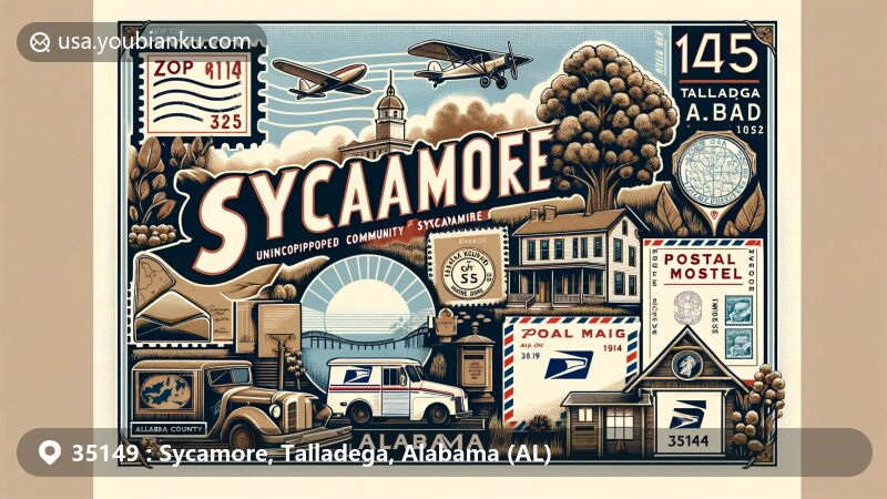 Modern illustration of Sycamore, Talladega County, Alabama, with ZIP code 35149, featuring key elements like sycamore trees, Alabama State Route 21, vintage postal art, and a classic postal truck.