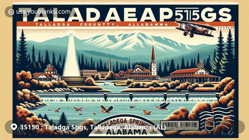 Modern illustration of Taladega Springs, Talladega County, Alabama, featuring vintage postcard theme and highlighting natural beauty, historical significance, and therapeutic sulfur springs. Design includes picturesque view of Talladega National Forest, dense forests, mountains, and postal-themed elements with ZIP code 35150.
