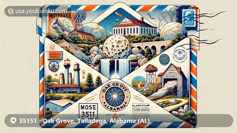 Modern illustration of Oak Grove, Talladega, Alabama, showcasing postal theme with Italian-inspired marble deposits, Kymulga Mill, Hodges meteorite, and Comet Grove community garden.