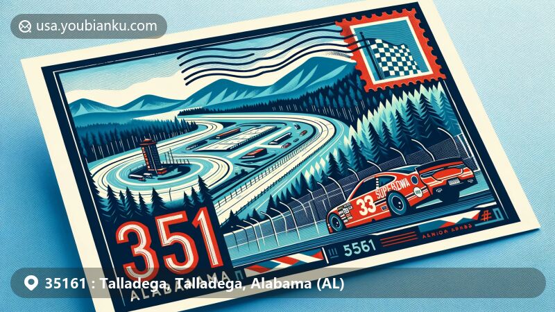 Colorful illustration of Talladega, Alabama, centered around ZIP Code 35161, showcasing Talladega Superspeedway, race car, and postseasonal elements, with a backdrop of Talladega National Forest.