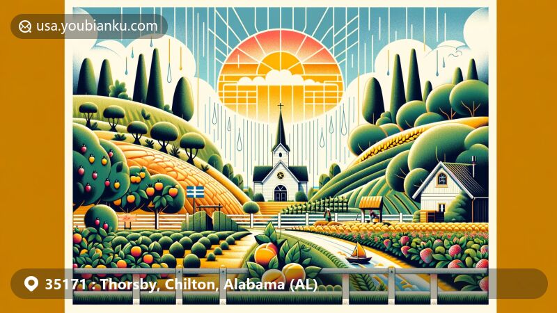 Modern illustration of Thorsby, Alabama, showcasing agricultural life, Scandinavian heritage, and humid subtropical climate, featuring peaches, grapes, strawberries, Scandinavian-style building, lush greenery, rain shower, and modern community elements.