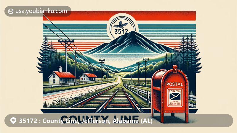 Modern illustration of County Line, Alabama, area with ZIP code 35172, highlighting Blount Mountain Range and Appalachian foothills, vintage airmail envelope and postal mailbox, symbolizing communication and community charm.