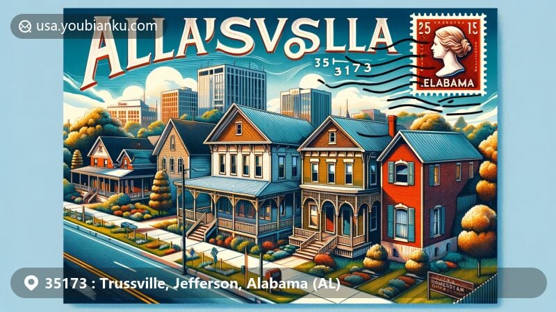 Modern illustration of Trussville, Jefferson County, Alabama, featuring characteristic architecture of Cahaba Homestead Village Historic District in American four-square style with brick and wood sidings, pine floors, and metal roofs.