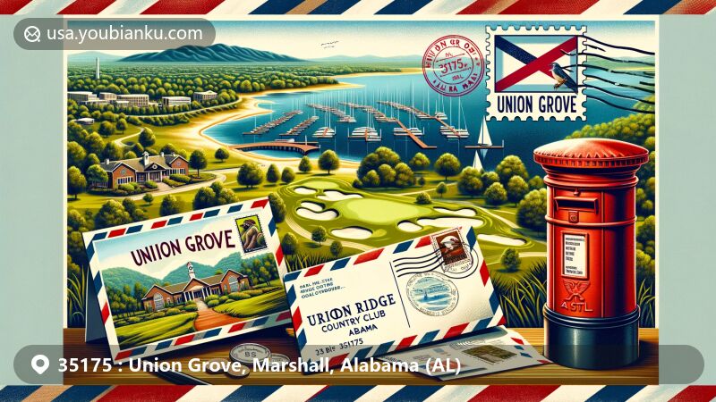 Modern illustration of Union Grove, Marshall County, Alabama, showcasing postal theme with ZIP code 35175, featuring Cherokee Ridge Country Club and Lake Guntersville, integrating state flag stamp and red mailbox.