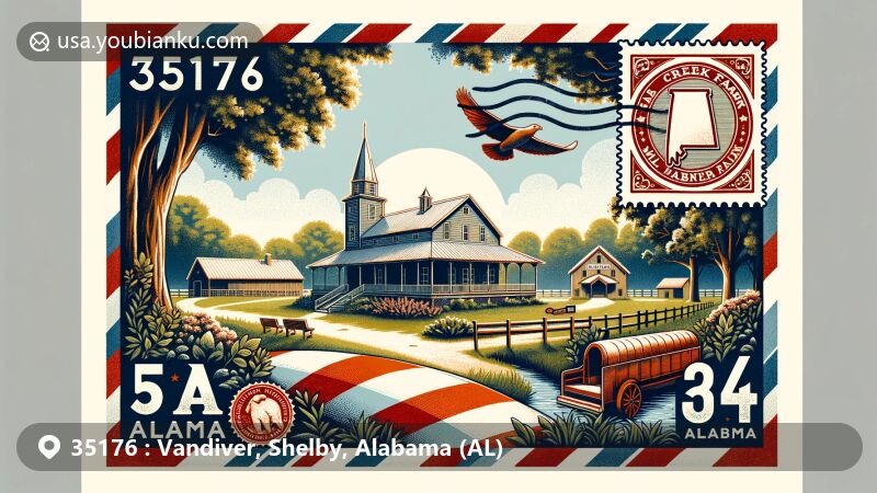 Modern illustration of Vandiver, Shelby County, Alabama, capturing the essence of ZIP code 35176, showcasing Bear Creek Farm, Vandiver Park, and Falkner School within a postal theme.
