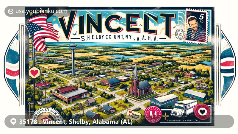 Modern illustration of Vincent, Shelby County, Alabama, showcasing postal theme with ZIP code 35178, featuring Shel-Clair Farms and Ranch, First Baptist Church Vincent, Alabama state flag, and Shelby County outline.